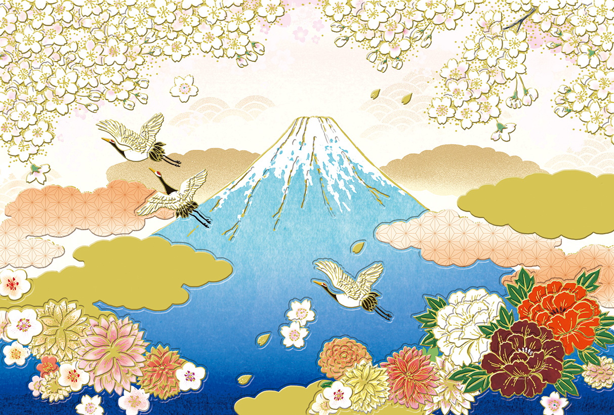 富士と鶴3羽
